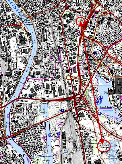 de la rue de Mesly à Maisons-Alfort à la Ferme de Mesly à Valenton (geoportail)