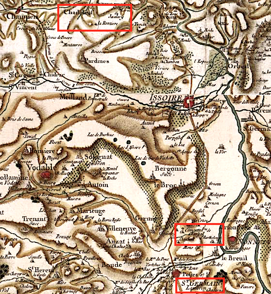 du sud au nord&nbsp;: Saint-Germain-Lembron – Chassaing Chauliat – Chadeleuf / La Ronzière (Cassini geoportail)